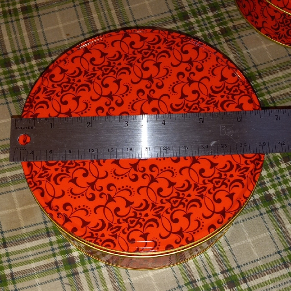 Red Scrolled Goodie Tin 6 1/2 W X 2 1/2 D